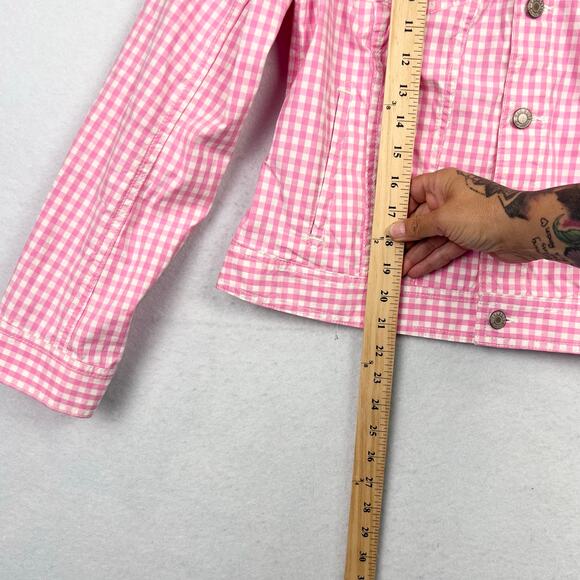 Talbots Medium Womens Gingham Pink White Stretch Cotton Button Front Jean Jacket - Picture 12 of 12